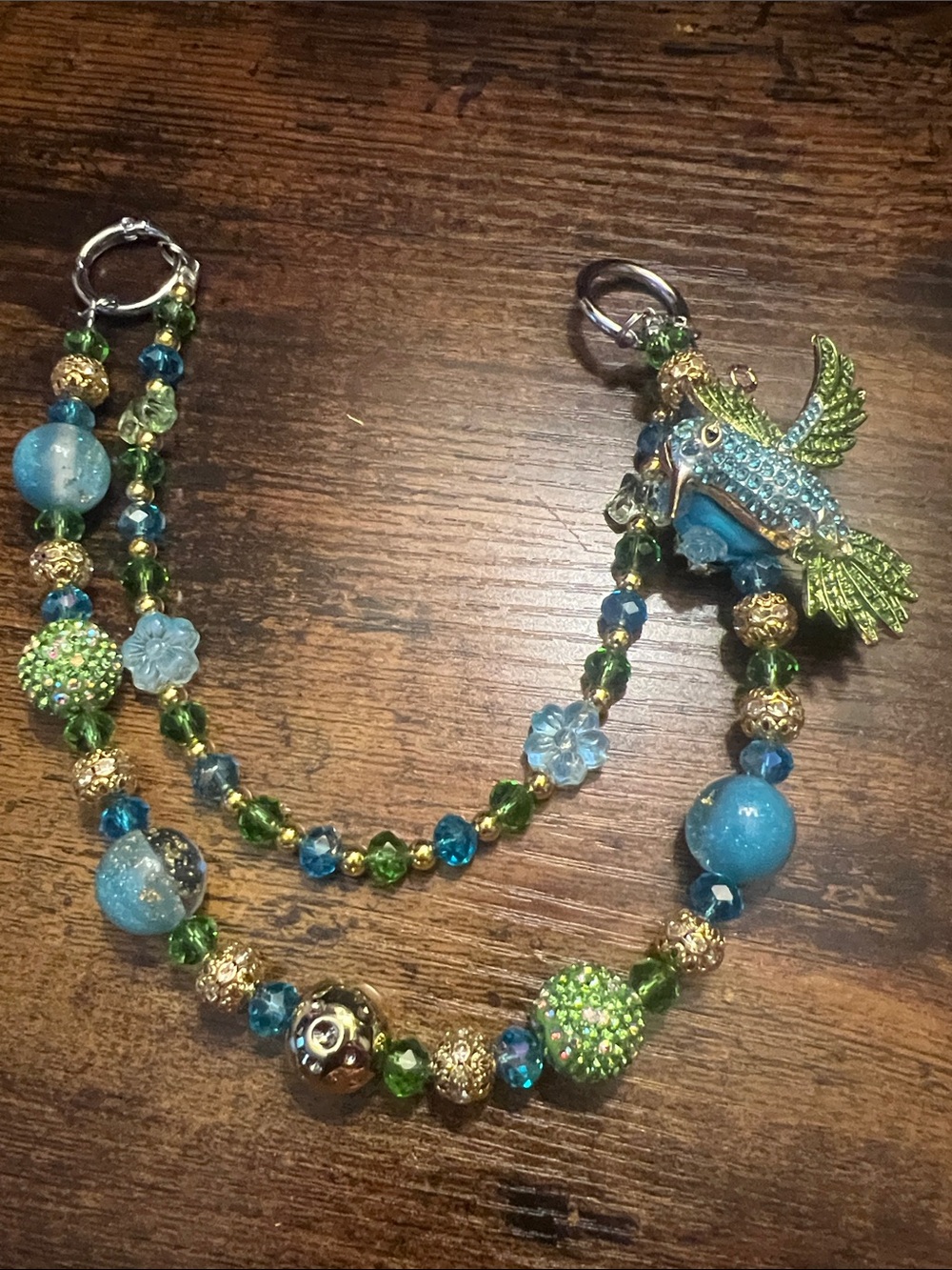 Blue and Green Beaded Parrot handbag charm.